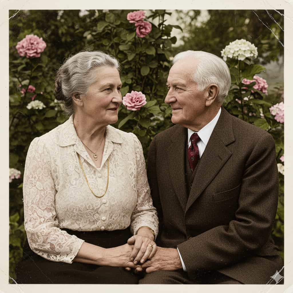 Colorized version of two women smiling outdoors.